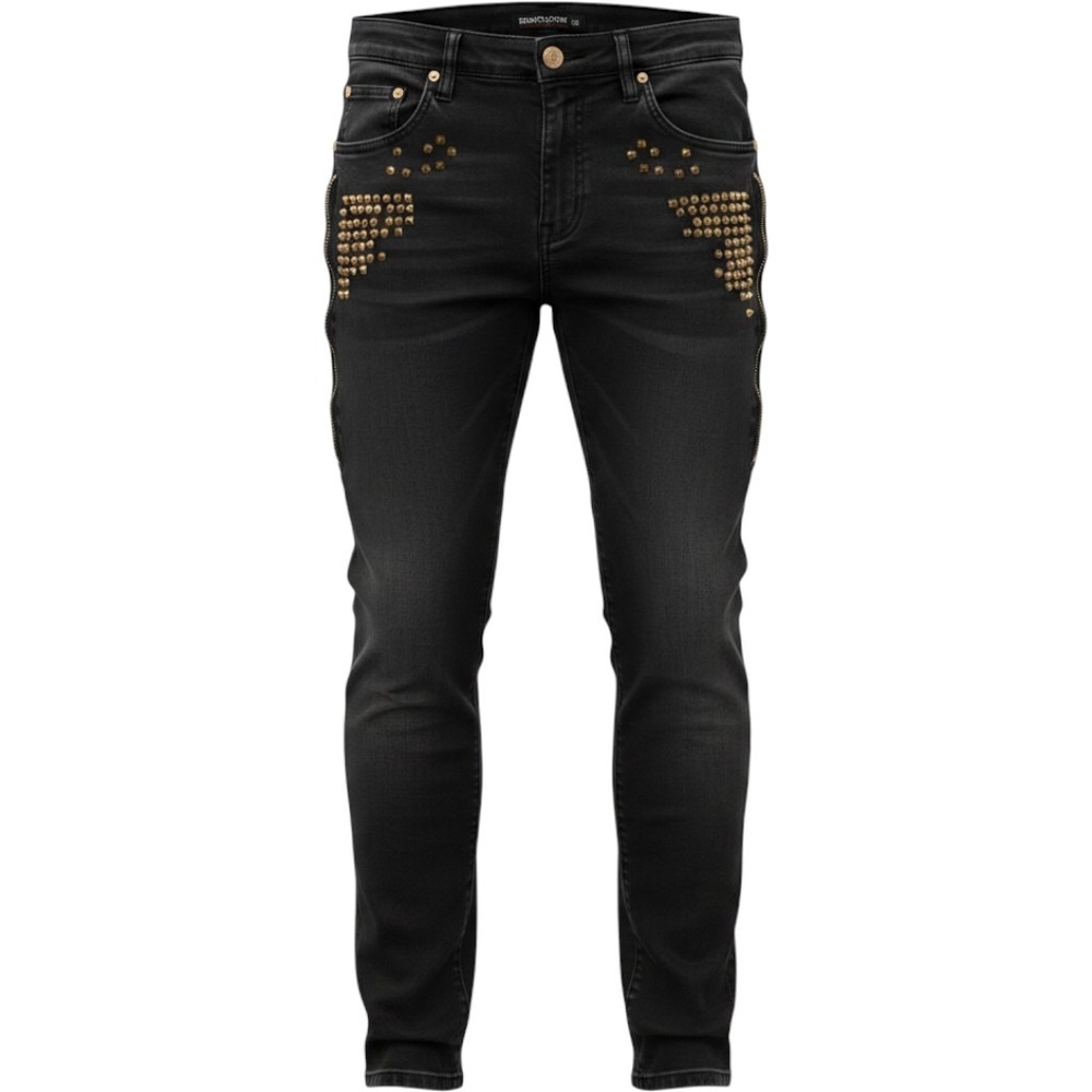 Demolition Mens Black Studded Slim Fit Jeans Gold Studs Zippers Size 36